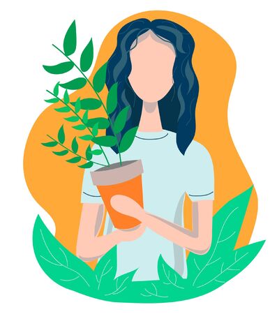 Girl with a flower pot in her hands. Cartoon girl with a flower.Home gardening.Cute illustration in flat style.のイラスト素材