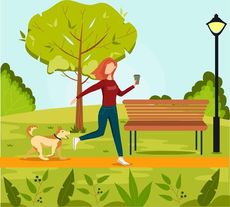 Girl walking with dog outdoors in park. Flat vector illustration. Woman walks with dog through the woods.のイラスト素材