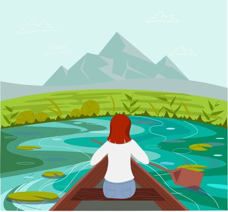 Beautiful landscape. Boat, pond and mountain view. The girl in the boat. The concept of outdoor recreation. Flat vector illustration.のイラスト素材