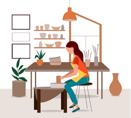 Ceramic craft master, pottery hobby. Handicraft pottery workshop. A girl makes a clay potのイラスト素材