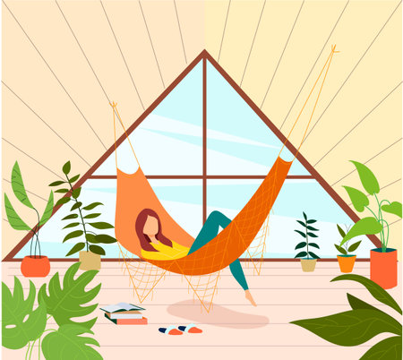 Young woman relaxing in hammock on the terrace. Girl reading book on the balcony. Home garden and cute exterior design. Conservatory with hammock. Modern illustration.のイラスト素材