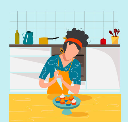Girl pastry chef bakes and decorates the cake with cream using a cooking syringe. Vector...