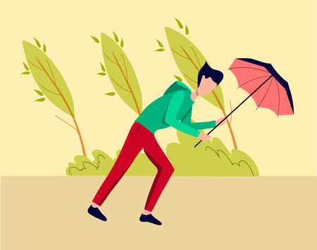 Man Holding Broken Umbrella. Protecting from Hurricane. Male Character Fighting with Thunderstorm, Windy Cold Autumn Weather, Extremely Strong Blowing Wind. Vector Illustrationのイラスト素材