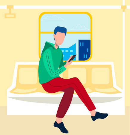Passengers in metro wagon flat vector illustration. Man sitting during trip. Public transport and city's subway train conceptのイラスト素材