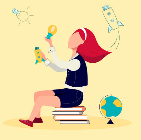 Concept Of Back To School. Clever Girl Sitting Among School Items and Globe. Making Home task. Cartoon Flat Style. Vector Illustrationのイラスト素材