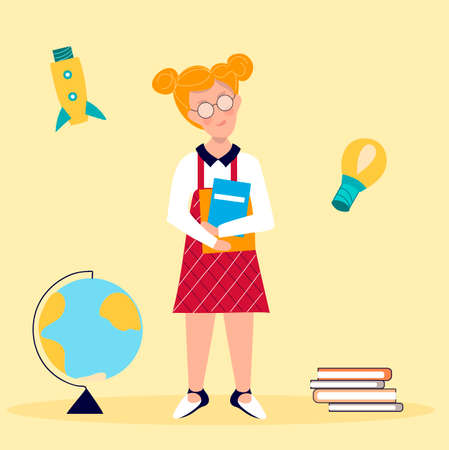 Back to school. Cute schoolgirl with books, globe. Funny girl cartoon character. Vector illustration.のイラスト素材
