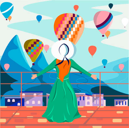Girl stands on a terrace with a beautiful view of the city and balloons. Landscape with hot air balloons. Illustration aerostat of different shapes flying over the hills or mountains. Air craft advenのイラスト素材