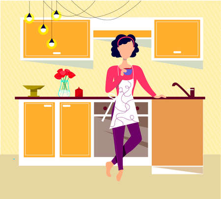 Woman in an apron drinks coffee. Woman in the kitchen in an apron. Home interior. Home life. Vector illustration.のイラスト素材