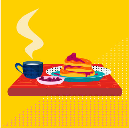 Breakfast on a tray. Pancakes with jam. Morning coffee. Breakfast. Vector illustrationのイラスト素材
