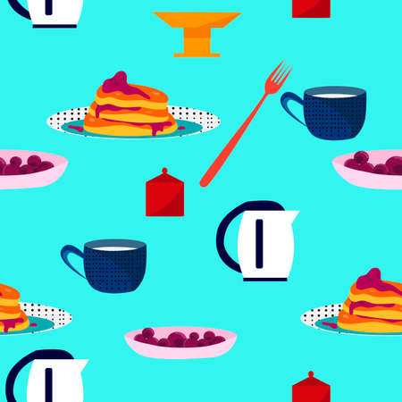 Pattern - cup, teapot, plate with pancakes. Food patternのイラスト素材