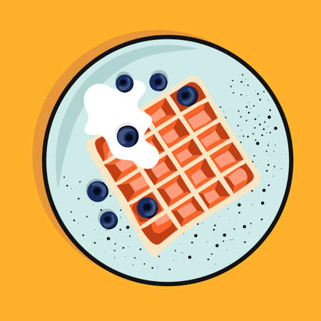 Tender And Crispy Whole Waffles. Large waffles with berries. Vector illustrationのイラスト素材