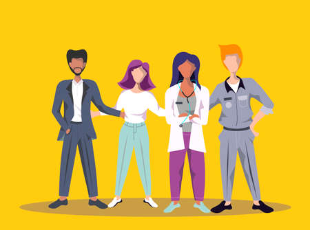 Multicultural team flat vector illustration. Unity in diversity. Multinational society. Teamwork, cooperation, friendship concept. Office workers, doctors and service personnel stand together.のイラスト素材