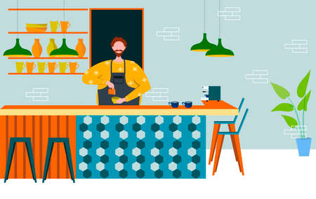 Coffeehouse, coffee shop or cafe and barista standing at counter. Colorful vector illustration in flat cartoon style.のイラスト素材