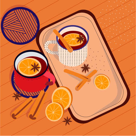 Mulled wine with orange slice and cinnamon stick. Two mugs of mulled wine on a tray. Carnation, cinnamon, lemon. Vector Illustration.のイラスト素材