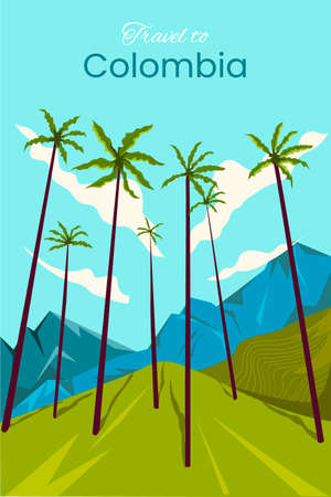 Colombia landscape. Tropics, green fields and palms. illustration. Postcard from Colombia.のイラスト素材