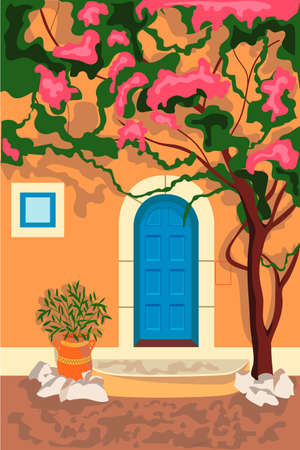 Summer cityscape with traditional house, Greece. Beautiful view of the house with a blossoming tree, bright door. Vector illustration.のイラスト素材