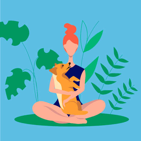 Woman hugs the dog. Yoga with dogs. Cartoon character girl with dog. Human animal friendship concept. Vector illustrationのイラスト素材