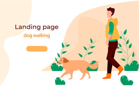 Man walking dog. Landing page with man and dog. Vector illustration in flat style.のイラスト素材