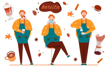 Barista male character with different emotions. Background with mugs of coffee drinks. Cartoon male barista or waiter. Flat vector illustrationのイラスト素材