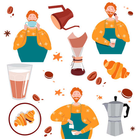 Coffee set. Barista male character with different emotions. Cartoon male barista or waiter. Flat vector illustrationのイラスト素材