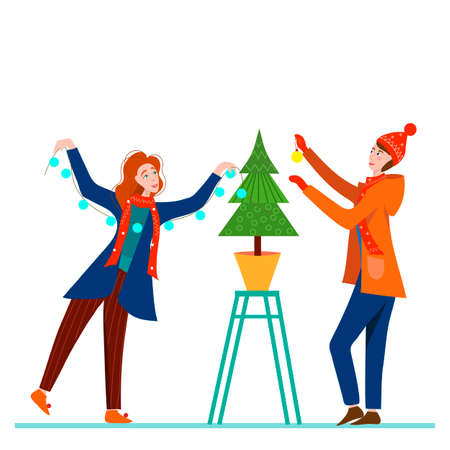 Man and Women decorates a Christmas tree. Cartoon character on a stepladder decorates tall Christmas tree. Conception of approaching New Year and Christmas. Vector illustration.のイラスト素材