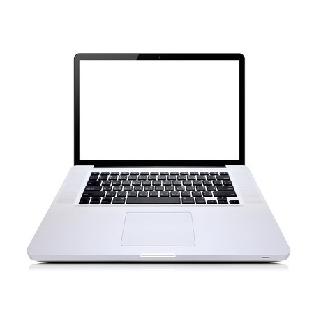 isolated silver laptop retouched with blank space in white backgroundの写真素材