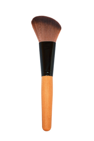 red brown make up brush with a wooden handle retouched and isolated on white backgroundの写真素材