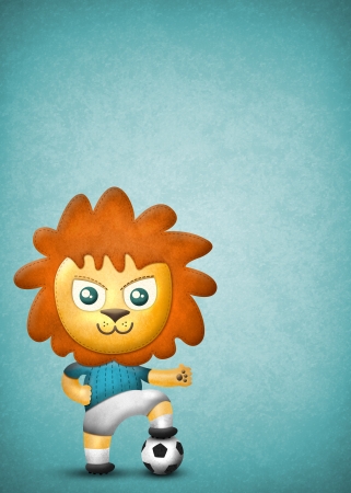 Cartoon cute lion, paper and fabric textures on blue texture backgroundの写真素材