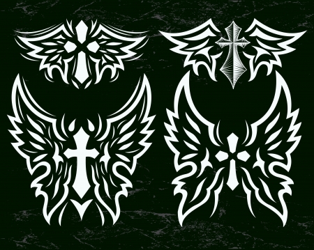 Cross and Wings vector set - Stylized cross and angel wings - Grunge effects can be easily removedのイラスト素材