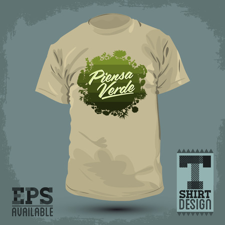 Graphic T- shirt design - Piensa Verde - Think Green Spanish text - lettering - Organic Bio sphere With vegetationのイラスト素材