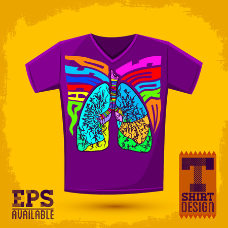 Graphic T- shirt design, Psycho Smoke - vector illustration with lungs, crazy psychedelic retro style - shirt printのイラスト素材