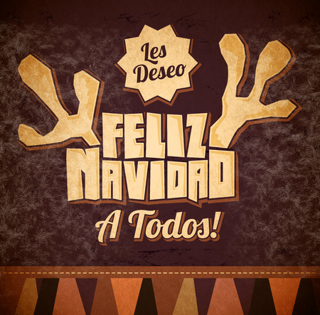 Les deseo Feliz Navidad a todos - I wish Merry Christmas to all spanish text - reindeer antlers christmas card - Old Sign latin Holiday posterの写真素材
