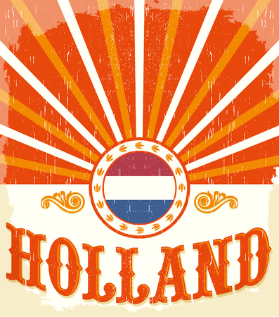Holland vintage old poster with Netherlands flag colors - card vector design, Holland holiday decorationのイラスト素材