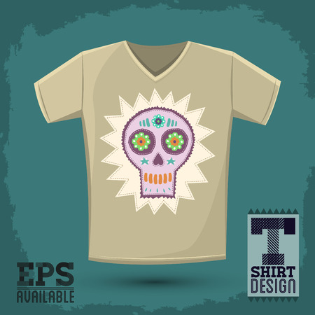 Sugar skull t-shirt print illustration, Creative cloth design templateのイラスト素材