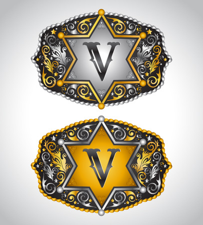 Cowboy Rodeo belt buckle design - Letter V - Alphabet initial vector designのイラスト素材