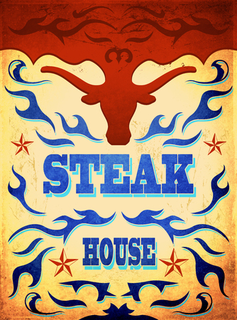 Vintage western Steak House Poster, old sign illustration.の写真素材