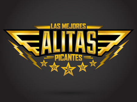 Alitas Picantes Las Mejores - The best Hot Chicken Wings spanish text, military style premium food emblemのイラスト素材