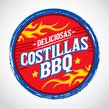 Costillas BBQ Deliciosas - Delicious Barbecue Ribs spanish text, Grunge rubber stamp, fast food icon, emblemのイラスト素材