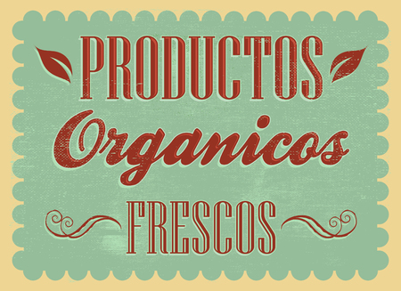 Productos organicos frescos - Fresh organic products spanish text - Vintage Farm Fresh Poster. Vector illustration.のイラスト素材