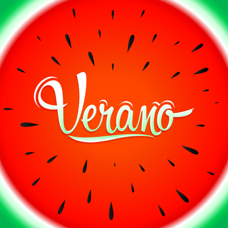 Verano, Summer spanish text, vector lettering with watermelon backgroundのイラスト素材