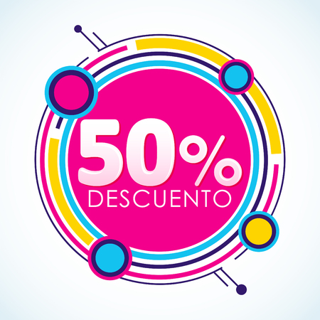 50% Descuento, 50% Discount Sticker Spanish text, sale tag. Offer price label, vector illustration.のイラスト素材