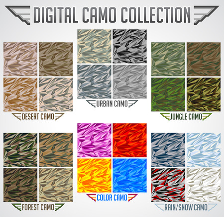 Camo Seamless vector digital Camouflage collection in Urban, Desert, Jungle, Snow camo set.のイラスト素材
