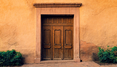 Mexican old colonial style wooden door in with yellow wall and bush in Queretaro Mexico