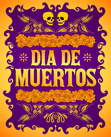 Dia de Muertos, Day of the death spanish text and flower decoration elementsのイラスト素材