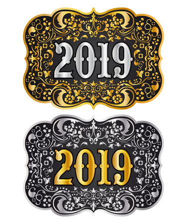 2019 New year Cowboy belt buckle gold and silver design, 2019 western badgeのイラスト素材