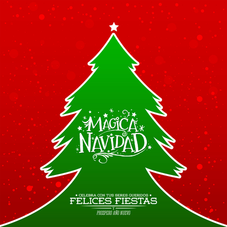 Magica Navidad, Magic Christmas Spanish text, vector silhouette christmas tree, Bokeh backgroundのイラスト素材
