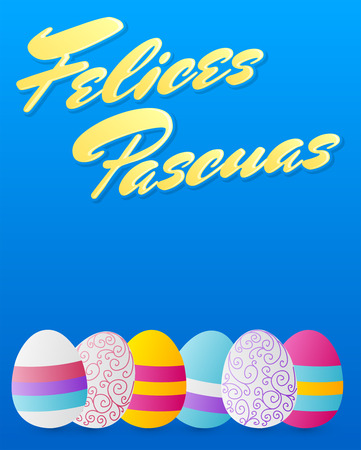 Felices Pascuas, Happy Easter spanish text, vector decorated eggs illustrationのイラスト素材
