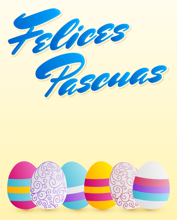 Felices Pascuas, Happy Easter spanish text, vector decorated eggs illustrationのイラスト素材