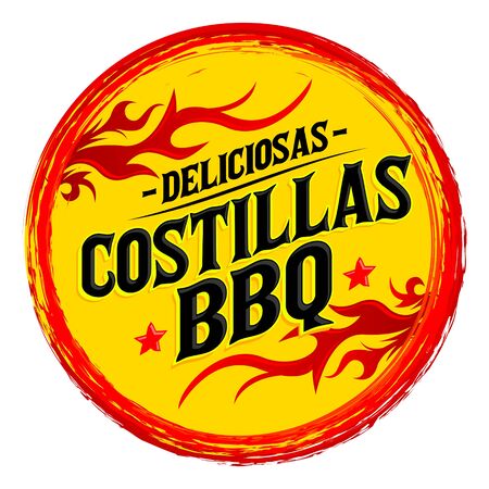 Costillas BBQ Deliciosas, Delicious BBQ Ribs spanish text, Grunge rubber stamp, fast food emblemのイラスト素材