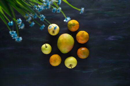 Tangerines, Apples and Mango Fresh Fruit on Hand Painted Canvas.の写真素材